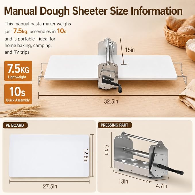 Manual Dough Sheeter, Counter Top Dough Sheeter, Compact Dough Sheeter Machine For Bakery Pizza，12 IN Wide Dough Machine With Adjustable Thickness, 304 Stainless Steel