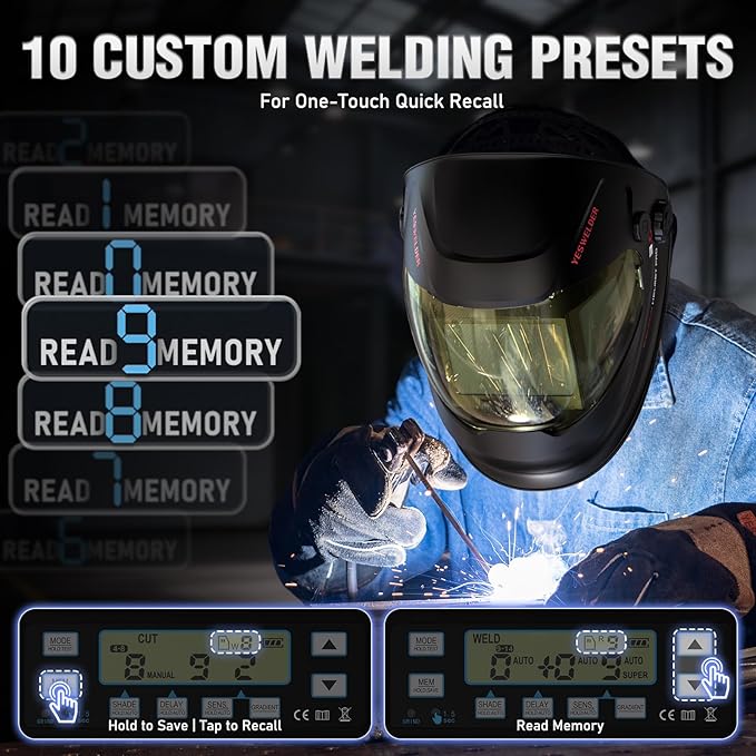 YESWELDER Intelligent Auto-Adjustment Auto-Darkening Welding Helmet, 180° Panoramic View, True Color 1/1/1/1, Internal Digital Display, Wide Shade 3/4-8/9-14, for MIG/TIG/Stick/Tack/Grind/Cut