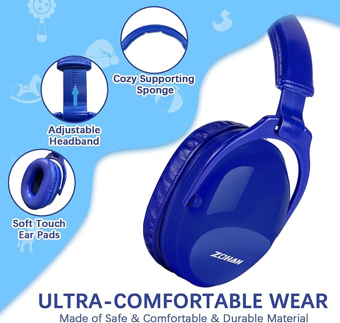 ZOHAN Kids Ear Protection 2 Pack, 25dB NRR Noise Cancelling Headphones for Kids, with Pillowy Pads, for Monster Truck, School, Autism, Sensory, Fireworks, Concerts, Events(Sapphire Blue+Sapphire Blue)