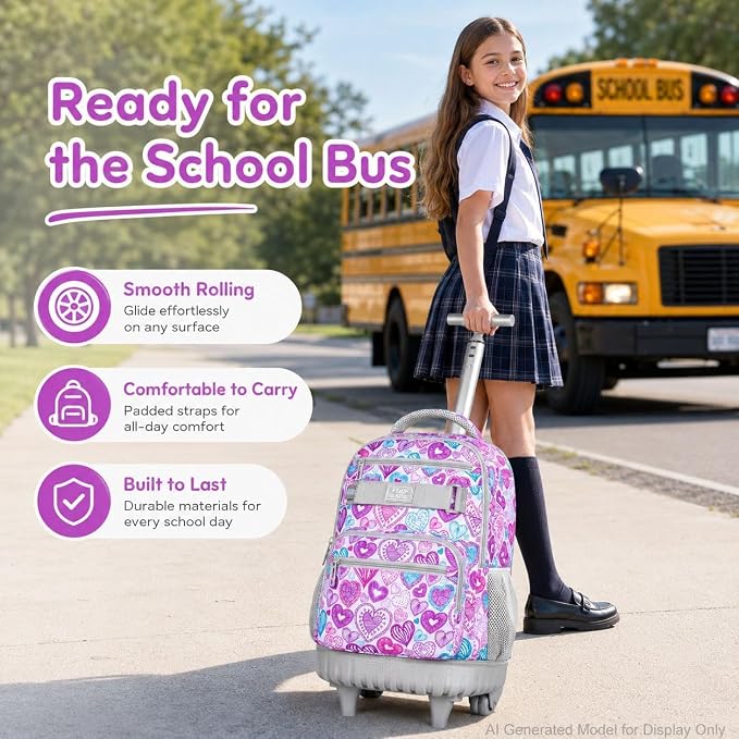 3Pcs Rolling Backpack for Girls Women, Travel Roller Backpacks with Wheels for Adults, Teens College Love Wheeled Bookbag with Lunch Box(Ash Powder)