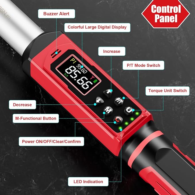 SUERCUP 1/2" Adjustable Digital Torque Wrench (1.5-99.6Ft.Lb/2-135N.m) | Interchangeable 14x18mm Head with 42mm Jaw & 1/2" Ratchet, Vibration, Buzzer & LED Flash, for HVAC, Flare Nut & Auto Repair