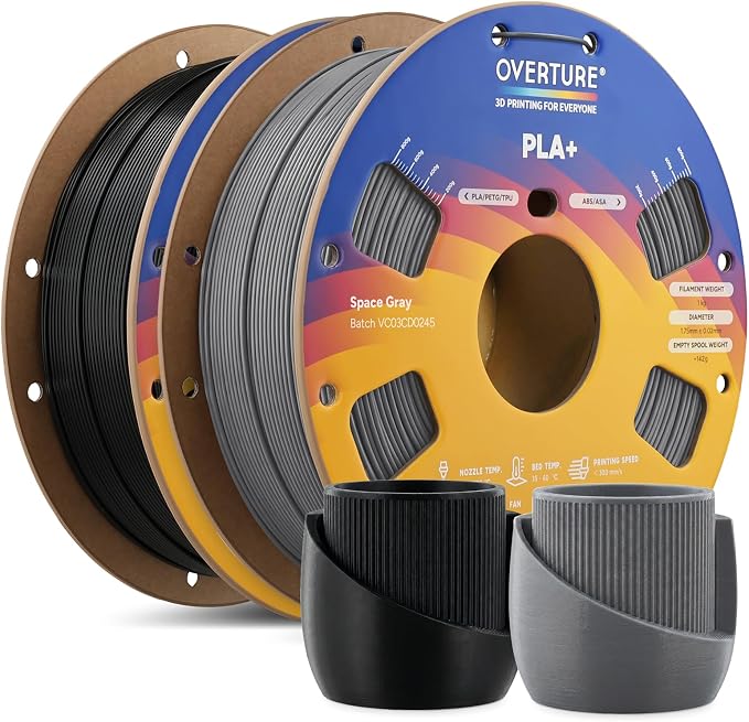 OVERTURE 2KG Bundle High Speed PLA+ 3D Printer Filament 1.75mm, Upgraded Rapid PLA 2.0 with Enhanced Toughness & Stability, 2 Pack 1kg Spool (2.2lbs) Fit Most FDM 3D Printers (Black+Space Gray)