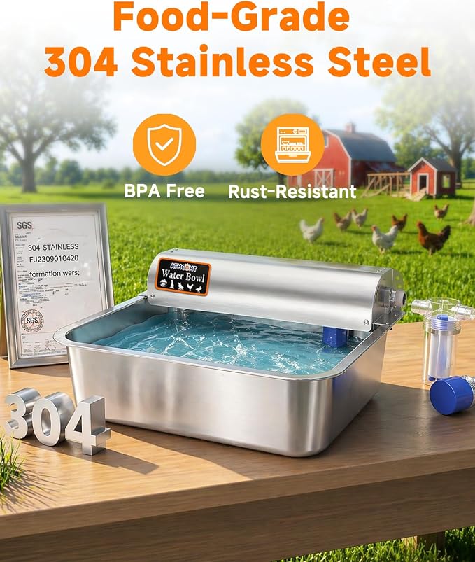3 Gallon Automatic Chicken Waterer, Real 304 Stainless Steel Metal Poultry Waterer with Upgraded Float Valve, Extra Filter, 1.5M Hose (Stainless Steel Auto Waterer Set)