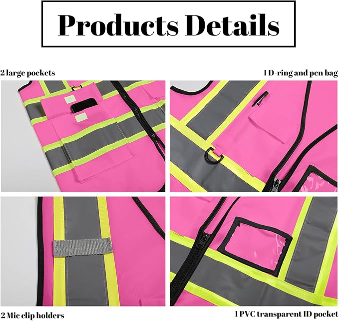 Safety Vest Customize Logo with 5 Pockets & Zipper Reflective High Visibility Vest Class 2 Outdoor Workwear