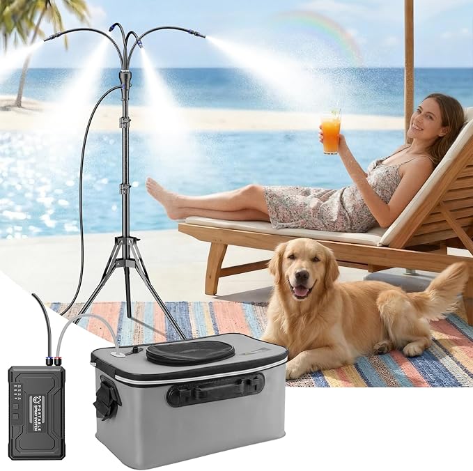 Portable Misting System with 15L Bucket, 10000mAh Battery Powered Standing Mister for Outside Patio, 4.2FT Adjustable Height Wireless Water Cooling Set for Backyard, Pool, Camping & BBQ -Grey