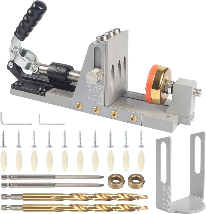 Pocket Hole Jig Kit, New Version One-Side Operation, Precision 15° Drilling, Pocket Screw Jig with 3/8" Step Drill Bit, Depth Stop Collar, Adjustable Thickness, Perfect for Woodworking Joinery