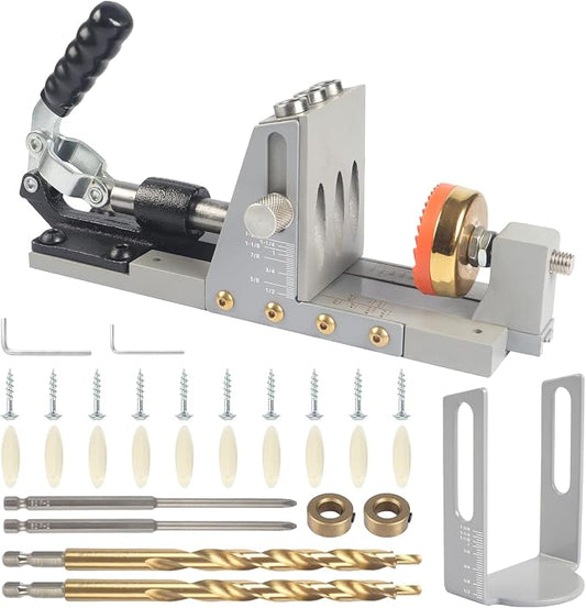 Pocket Hole Jig Kit, New Version One-Side Operation, Precision 15° Drilling, Pocket Screw Jig with 3/8" Step Drill Bit, Depth Stop Collar, Adjustable Thickness, Perfect for Woodworking Joinery