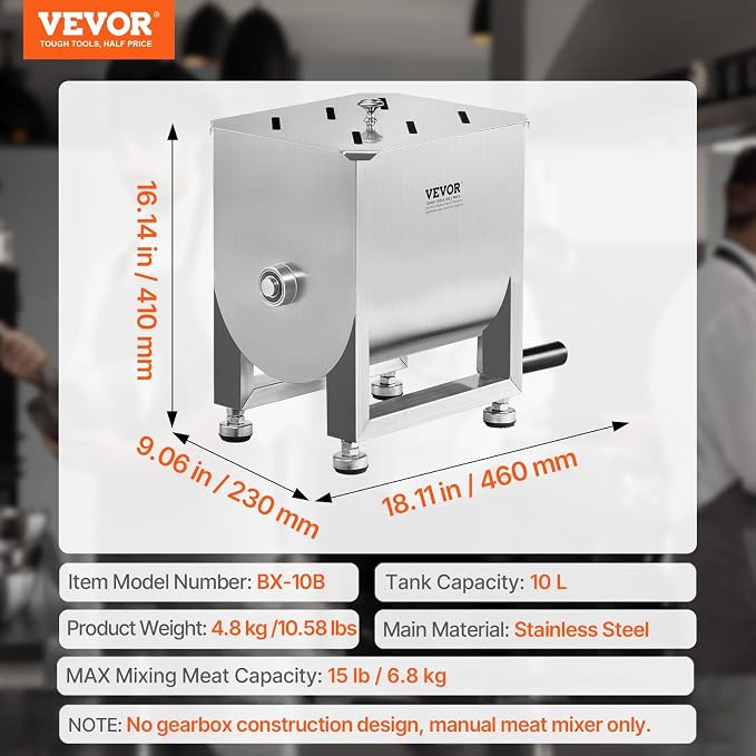 VEVOR Manual Meat Mixer, 10L Fixed Tank – Heavy Duty Stainless Steel Hand Mixer for Ground Beef & Sausage, Max 15lb Mixing Meat Capacity, with Lid Handle