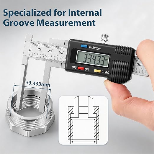 Internal Groove Digital Caliper 150mm/ 6" | High-Precision Outer Groove Measuring Tool, LCD Display Stainless Steel Body, Storage Case, Smooth Sliding Track