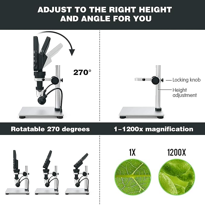 7" LCD Digital Microscope for Adults, 1200X Coin Magnifier with Screen, 12MP 1080P USB Camera, Metal Stand, 8 LED Lights, PC View for Soldering and PCB Repair