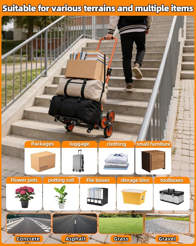 Folding Stair Climbing Dolly, 220Lbs Capacity, Portable Dolly Cart with 10 Wheels and Telescoping Handle, Lightweight Hand Truck Cart for Flat Ground & Stairs, School, Dormitory, Home, Office, Food