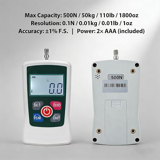 500N Digital Force Gauge & Manual Test Stand Kit, Push Pull Gauge with N/Lb/Kg/Oz Units, 250mm/9.8 inches Stroke Test Stand with 1 Pcs Test Clamp for Tension Tests in Lab, School, Industry