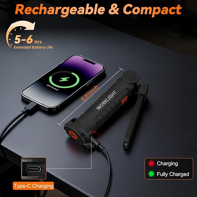 Magnetic Work Light 12Pack, Rechargeable LED Work Light with 360° Rotation, 5 Mode Mechanic Light, Compact Rechargeable Flashlight with Hook for Car Repairing, Emergency, Fathers Day Dad Gifts