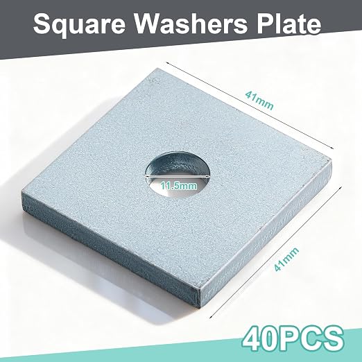 40 Pcs Galvanized Square Washers Plate 3/8" ID, 1.61x 1.61 Od 0.22" Thickness Heavy Duty Steel Gasket Flat Washers Nut Anti-loosening Plate Fastener for Construction and Industrial Equipment