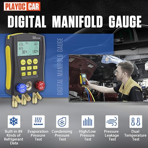 Digital HVAC Manifold Gauge Set,Refrigeration AC Gauges with Thermometer Clamps & Tricolor Hose, Dual Temp & Pressure Sensors for Vacuum & Leak Test,R134a R410a R32 R1234 Refrigerant Recharge Kit