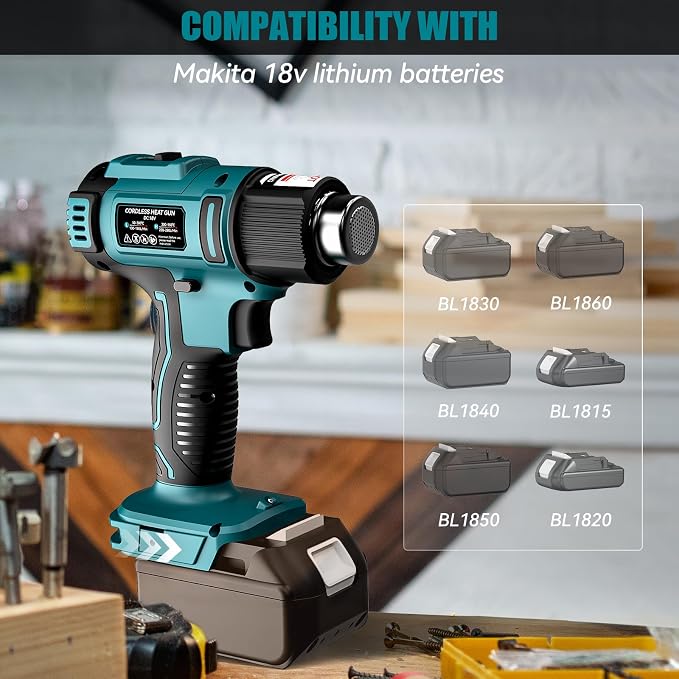 LIVOWALNY Cordless Heat Gun Compatible with Makita 18V Battery (Tool Only) LCD Digital Display - 350W 122℉-1022℉ Adjustable Portable Battery Powered Hot Air Gun for Shrink Tubing Crafts Vinyl Wrap