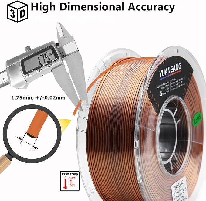 Silk Dual Color PLA Filament 1.75mm, ±0.03mm Precision, 1kg Spool (2.2 lbs), Smooth Multi-Tone Gradient PLA, Silk Black Copper