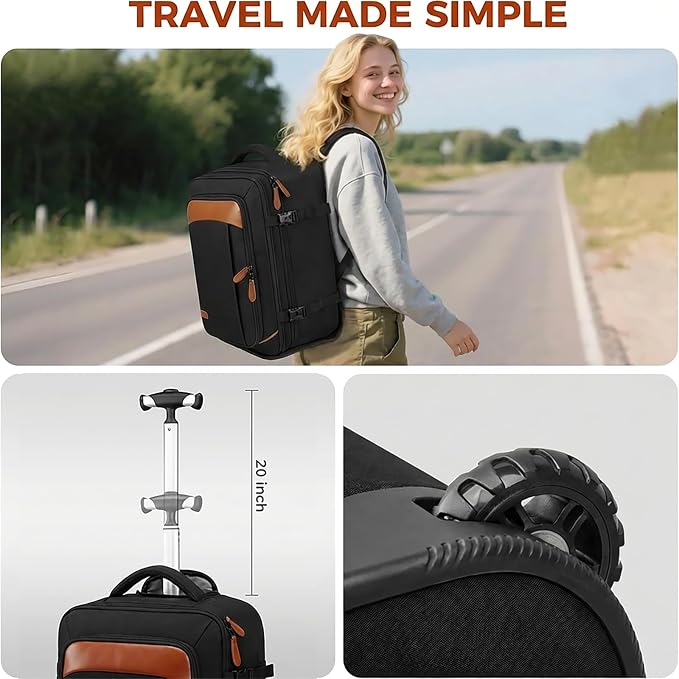 Vancropak Travel Backpack with Wheels, Rolling Backpack Fits 17.3" Laptop | Flight Approved Wheeled Luggage, Expandable Business Travel Suitcase, Womens Work Backpack, 3 Packing Cubes, Water Resistant