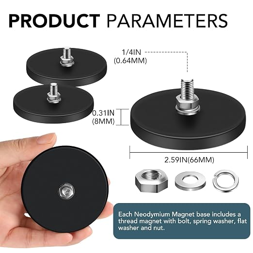 DIYMAG 1/4 Rubber Coated Magnets, 65LBS Anti-Scratch Neodymium Magnet Base Strong Large Magnetic License Plate Hold with Black Rubbers Coating for Light Bar Mirror Camera Tool 12 Packs
