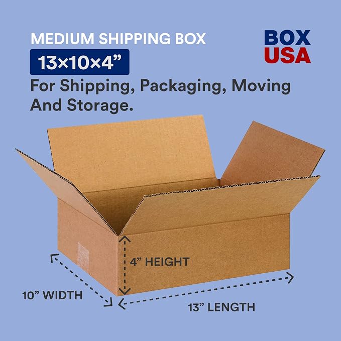 BOX USA 13 x 10 x 4 Corrugated Cardboard Boxes, Flat 13"L x 10"W x 4"H, Pack of 25 | Shipping, Packaging, Moving, Storage Box for Home or Business, Strong Wholesale Bulk Boxes