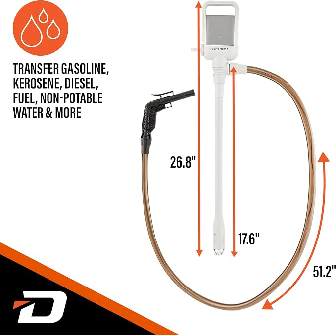 Deway Battery Stick Pump Automatic Fuel Transfer with Auto-Stop & PVC Hose - 2.5 GPM Siphon Pump for Gasoline, Diesel, Kerosene, DEF, Antifreeze, Gas Cans, Generators, Lawn Mowers, Boats, ATVs