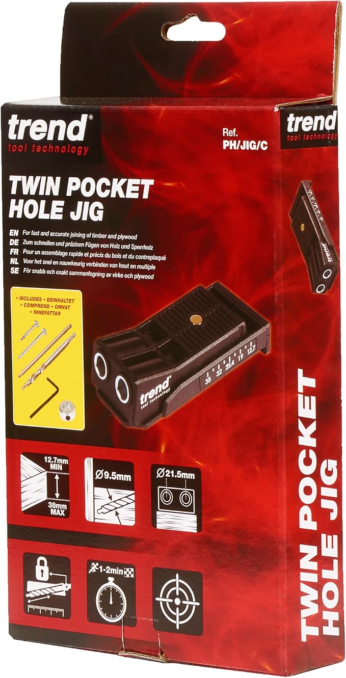 Trend Twin Pocket Hole Jig with HSS Drill Bit & Depth Setting Collar, Square Drive Bit & Pocket Hole Screws Selection, PH/JIG/C