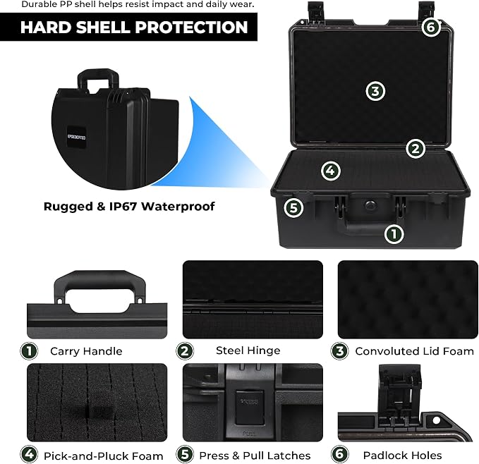 IP67 Waterproof Camera Hard Case with Custom Foam, 16", Black | Built for Photographers, Drone Pilots and Creators; Fits Cameras, Lenses, Drones, Audio Gear and Electronics for Field Use