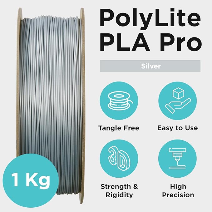 Polymaker PLA PRO Filament 1.75mm 1kg, Tough & High Rigidity Silver 3D Printing Filament, PolyLite PLA PRO High Speed, Print with Most 3D Printers