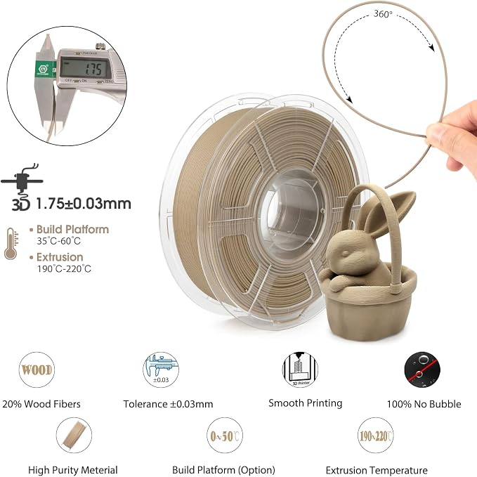 iSANMATE Wood PLA Filament 1.75mm, Real Wood Fiber Added 3D Printer Filament, Light Wood Fits for Most FDM 3D Printers 1kg/Spool