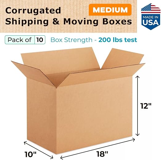 Medium Shipping & Moving Boxes 18x10x12 inches (10-Pack) - Extra Strength 200 lb vs Regular - USA-Made Corrugated Durable Moving Boxes - Heavy Duty Box - Cardboard Moving Box by IDL Packaging