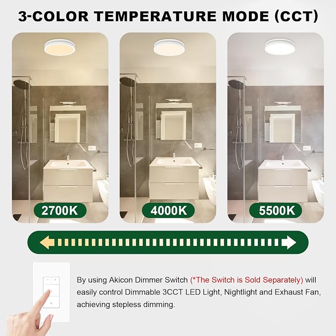 Akicon Bathroom Exhaust Fan with Light, 80 CFM 2.0 Sones Bathroom Fan for Ceiling, 3CCT 15W Dimmable LED Light and 3.5W Nightlight Vent Fan Combo for Home, Round, White