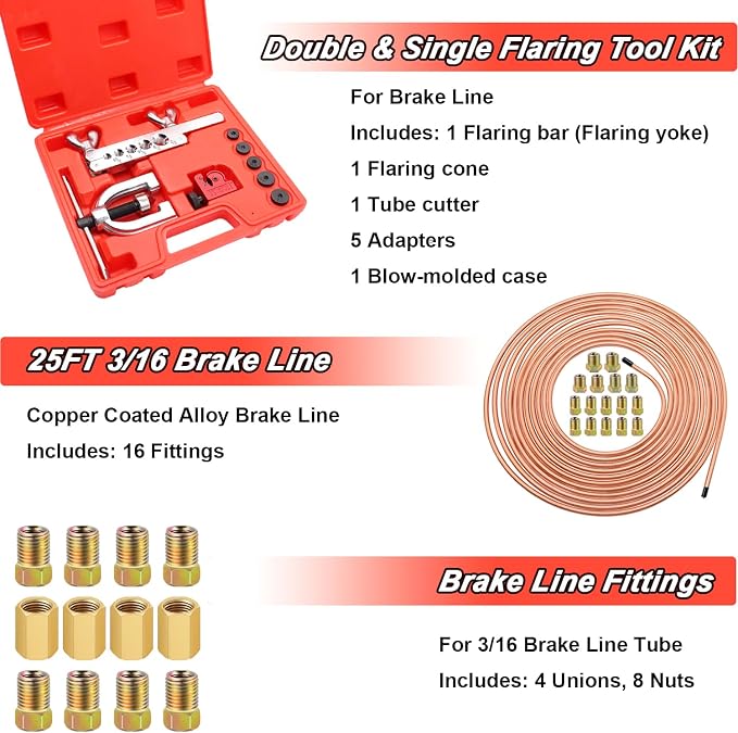 Tnisesm 3/16 Copper Coated Brake Line Kit 25 ft + Blue Tube Bender+ Copper Aluminum Brake Line Double & Single Flaring Tool Kit,Consisting of 4 Unions Brake Line Fittings and 16 Fittings