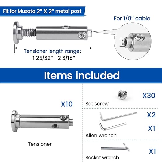 [Patent] Muzata 10 Pack 1/8" Swageless Invisible Cable Railing Kit Hardware Swageless Fittings Tensioner Hidden for 2"x2" Metal Post T316 Stainless Steel Deck Cable Railing System CB04