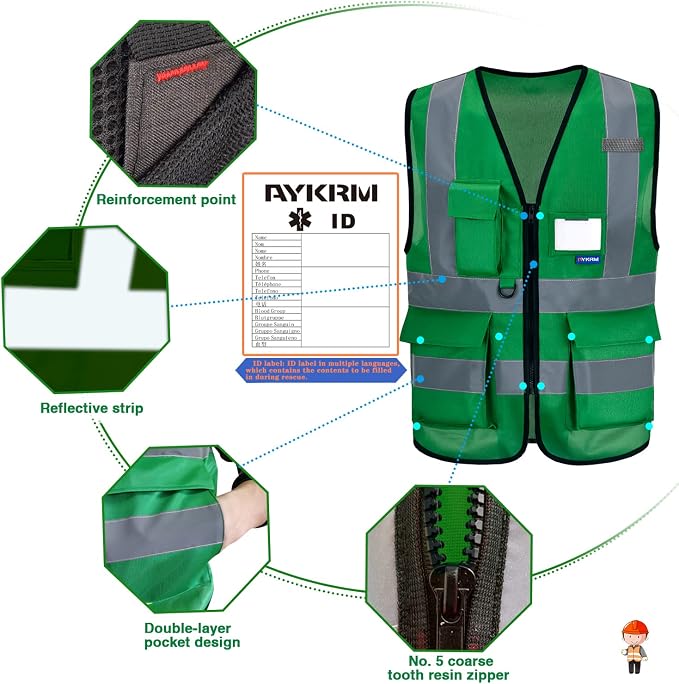 A-SAFETY reflective vest green | Green L Polyester work vest with reinforced zipper pockets, clear PVC ID holder and mic tabs for forestry; unisex workwear.
