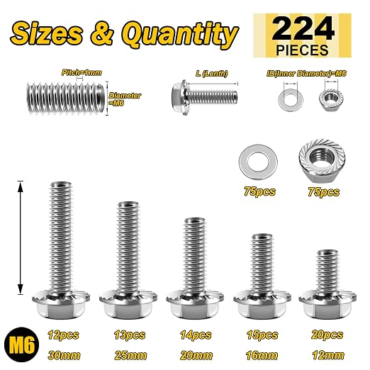 224Pcs M6 Bolt x 12/16/20/25/30mm, M6x1.0 Bolt, Flanged Hex Head Bolts with Flange Nuts Washers, 304 Stainless Steel M6 Screws, Metric Bolt Assortment, DIN 6921 By Mywish