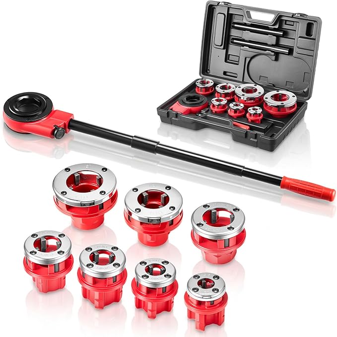 VEVOR Ratchet Pipe Threader Kit with 7 Dies, 3/8" NPT to 2" NPT Manual Ratcheting Pipe Threading Tool, Portable Pipes Threader Set with Toolbox for Plumbing Installation & Repair