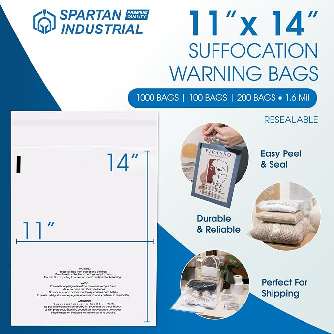 Spartan Industrial - 11” X 14” (1000 Count) Self Seal Clear Poly Bags with Suffocation Warning for Packaging, T Shirts & Shipping - Resealable Glue