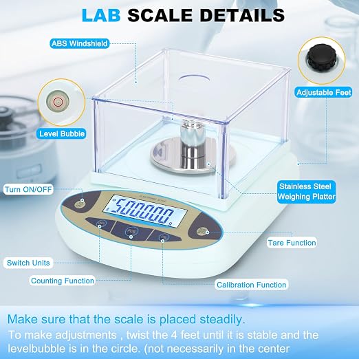 Lab Scale 500g*0.001g,High Precision Accurate Analytical Balance with Windshield,Lab Scale Electronic Scientific Scale Digital Precision Weighing Scale Jewelry Scales(with 200g Calibration Weight)