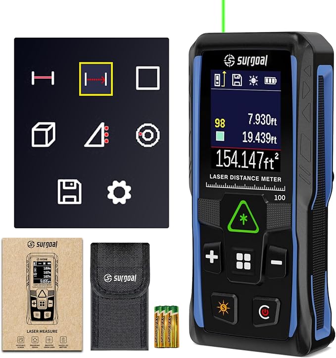 328Ft Green Laser Distance Meter – Digital Laser Measure with Angle Sensor, 4-Way Rotating Backlit LCD, Pythagorean Mode, Unit Switch, ±3mm Accuracy, Handheld Measuring Tool