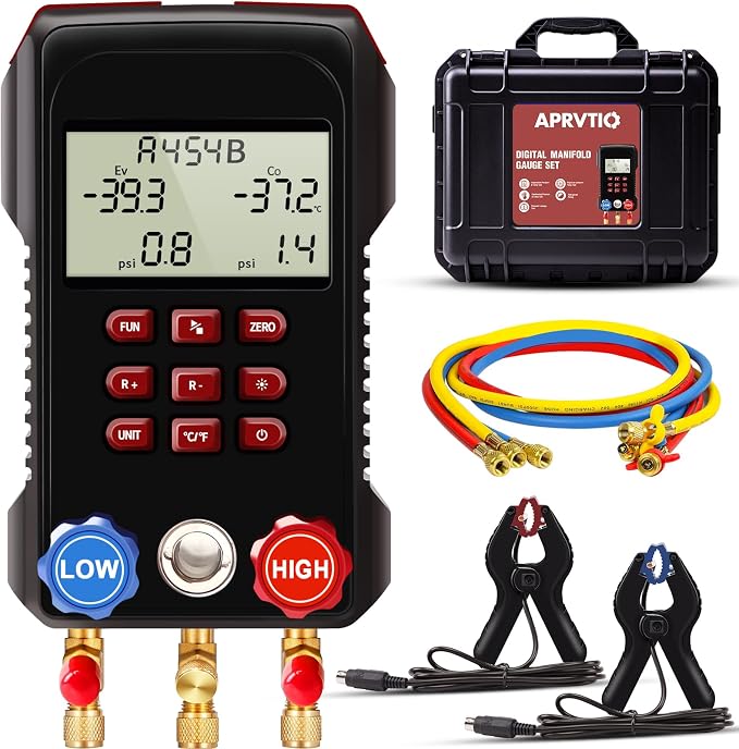 Digital Manifold Gauge Set with 112 Refrigerants, HVAC Digital AC Gauges for Automotive & Refrigeration Systems, Superheat Subcooling, Pressure Loss Test, 3000 PSI Hoses, R134a R22 R12 R454B