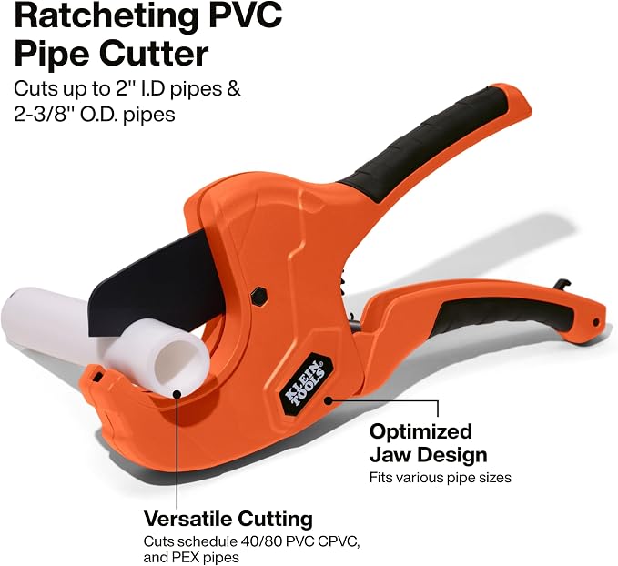 Klein Tools 50080 Ratcheting PVC Pipe Cutter, Cuts 2-Inch ID PVC, CPVC, PEX Pipes, One-Handed Operation, Replaceable Blades