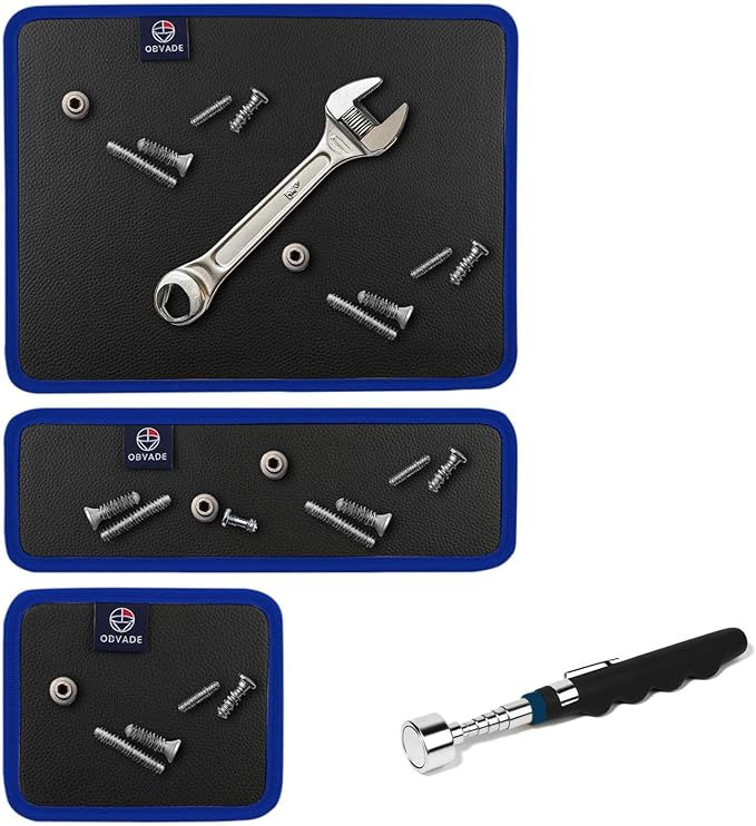 Magnetic Tool Mat Set, 4 Pack Tool Mat Set with Telescoping Pickup Tool | 40LB Strong Magnetic Mat for Tools | Screws & Parts Garage Workshop Organizer for Mechanics & DIY(Blue)