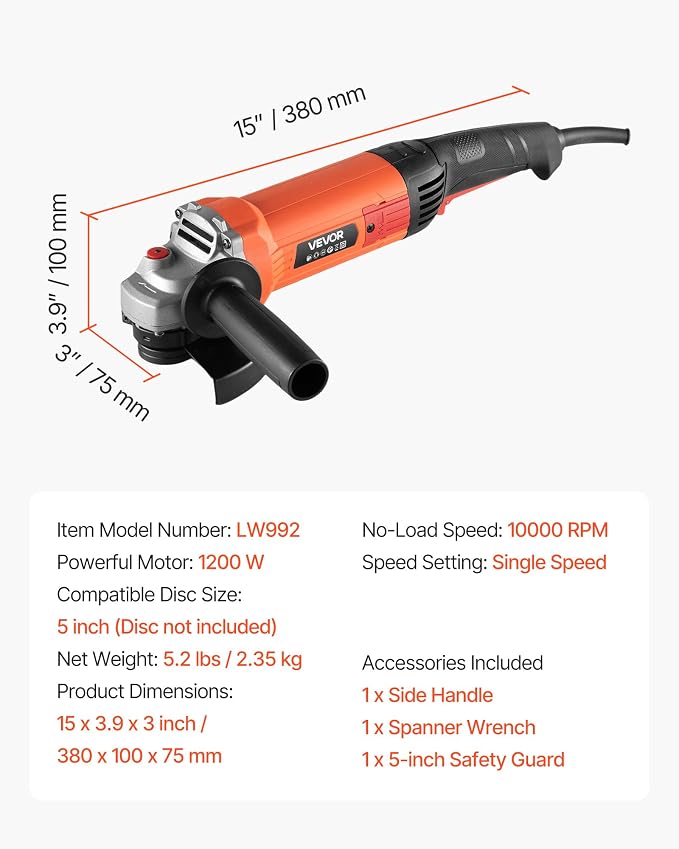 VEVOR Angle Grinder, 5" Electric Grinder Power Tool, 10Amps 10000RPM High-Speed Corded Angle Grinders with 230° Adjustable Dust Guard for Metal Grinding, Cutting, Rust Removal (Disc Not Included)