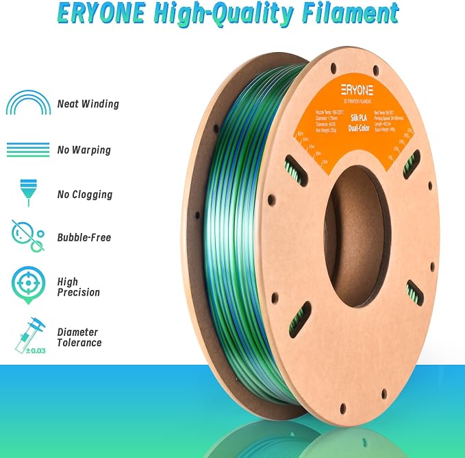 ERYONE PLA Filament 3D Printer Filament Multicolor 1.75mm +/- 0.03mm, PLA Filament 250g Spool, Silk Dual Color Blue Green