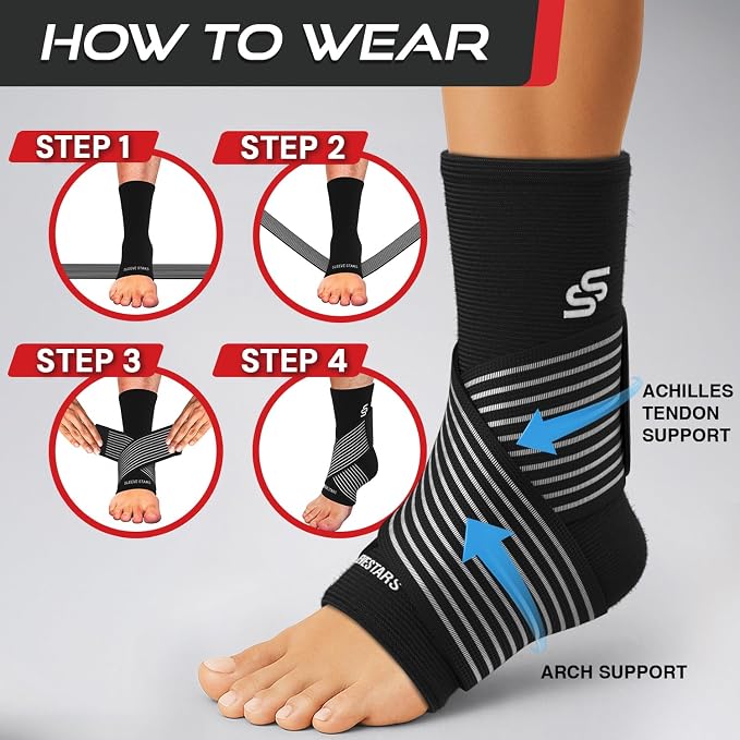Sleeve Stars Ankle Brace for Women & Men, Ankle Wrap for Sprained Ankle, Compression Sleeve for Plantar Fasciitis Relief, Easy Customizable Support: w/Removable Strap (Pair/M:10"-12"/Black)