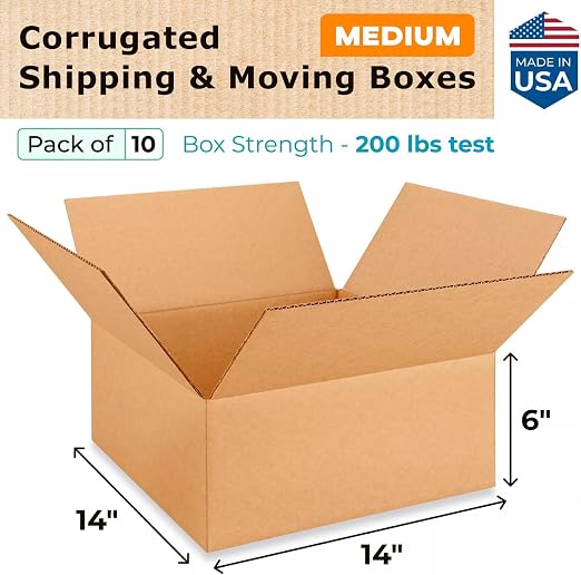 Medium Moving & Shipping Boxes 14x14x6 inches (10-Pack) - Extra Strength 200 lb vs Regular - USA-Made Corrugated Heavy Duty Moving Boxes - Cardboard Moving Box by IDL Packaging -