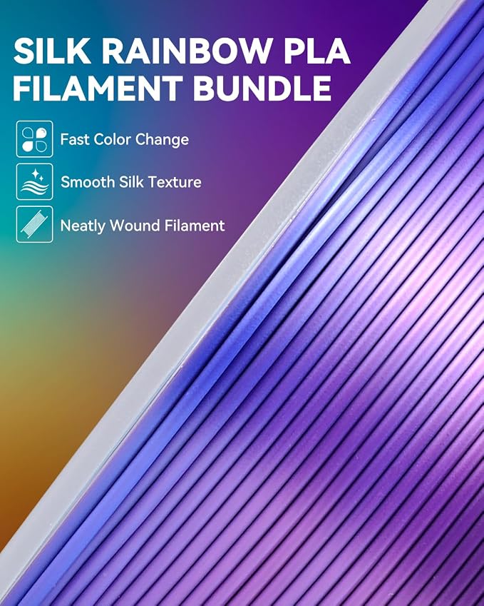 SUNLU 3D Printer Filament Bundle, PLA Silk Rainbow Filament Multicolor, Fast Color Change Each 8 Meters, Individually Vacuum Packed, 250g Spool, 8 Rolls, 2kg Total, 6 Silk Rainbow+Light Gold+Silver