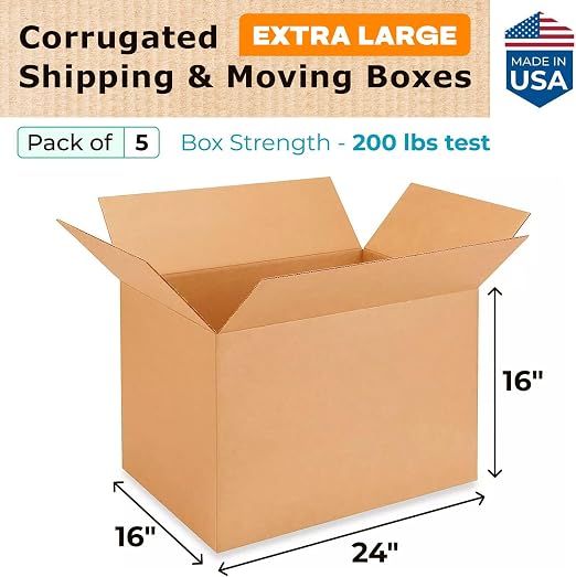 Extra Large Shipping & Moving Boxes 24 x 16 x 16 inches (5-Pack) - Extra Strength 200 lb vs Regular - USA-Made Corrugated Strong Packing Boxes for Moving - Large Cardboard Box by IDL Packaging -