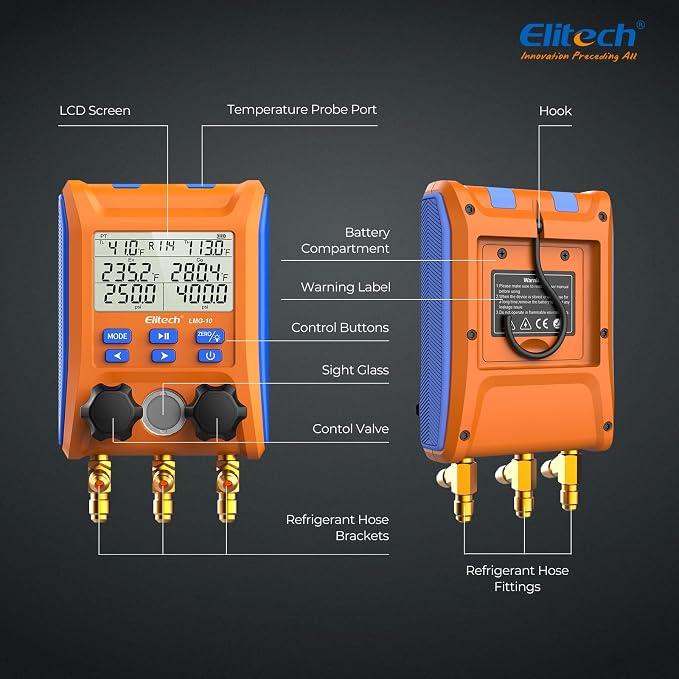 Elitech LMG-10Plus 2-Way Digital Manifold, HVAC Refrigerant Pressure Gauge for Superheat/Subcooling, with Temp Clamps and R410A Adapter, Supports 88 Refrigerants