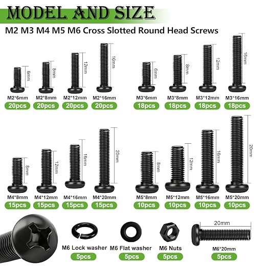 mxuteuk 2040PCS Metric Screws Nuts and Bolts Assortment Kit,M2 M3 M4 M5 M6 Machine Screws,Black Zinc Plated Hex Socket Button Head & Phillips Pan Head Screw for 3D Printing,DIY Projects